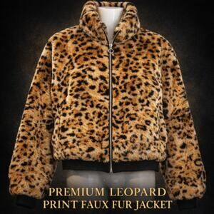 No Boundries Women's 2XG 2XL Leopard Print Faux Fur Crop Bomber Jacket Coat